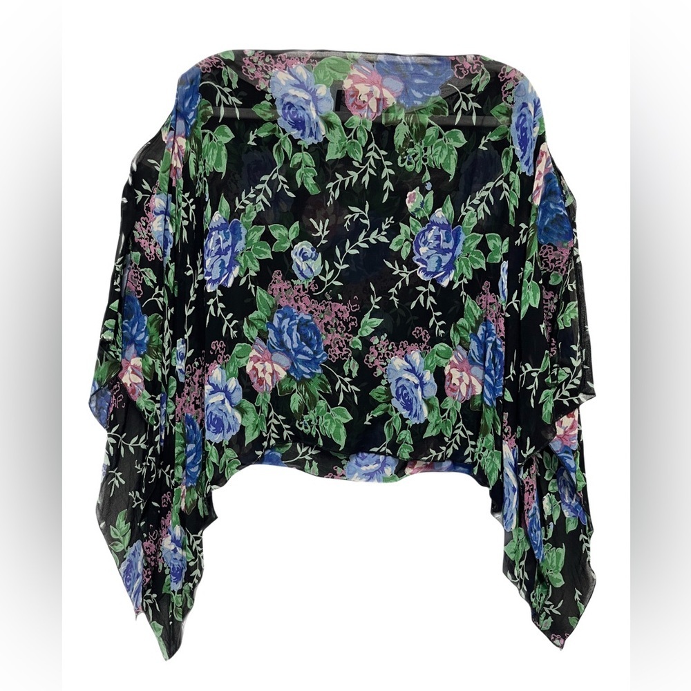 Angie Vintage Black Floral Blue Green Accents Rayon Scarf Wrap Kimono